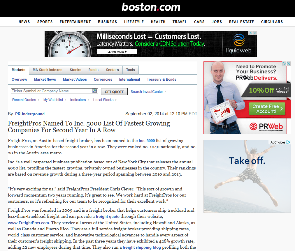 FreightPros Named To Inc. 5000 List Of Fastest Growing Companies For Second Year In A Row - Boston.com 2014-09-02 12-55-46